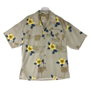 Vintage COCONUT PIER Men's L Hawaiian Tropical Microfiber Button Shirt, Tan